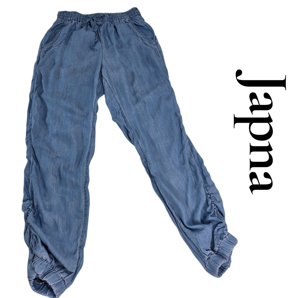 Japna Jogger Pants Women M Blue Lyocell Ruched Elastic Waist Boho Coastal Casual - Picture 1 of 8